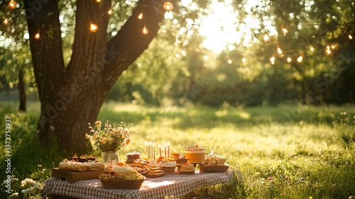 Enchanting garden picnic scene with desserts, flowers, and soft sunlight