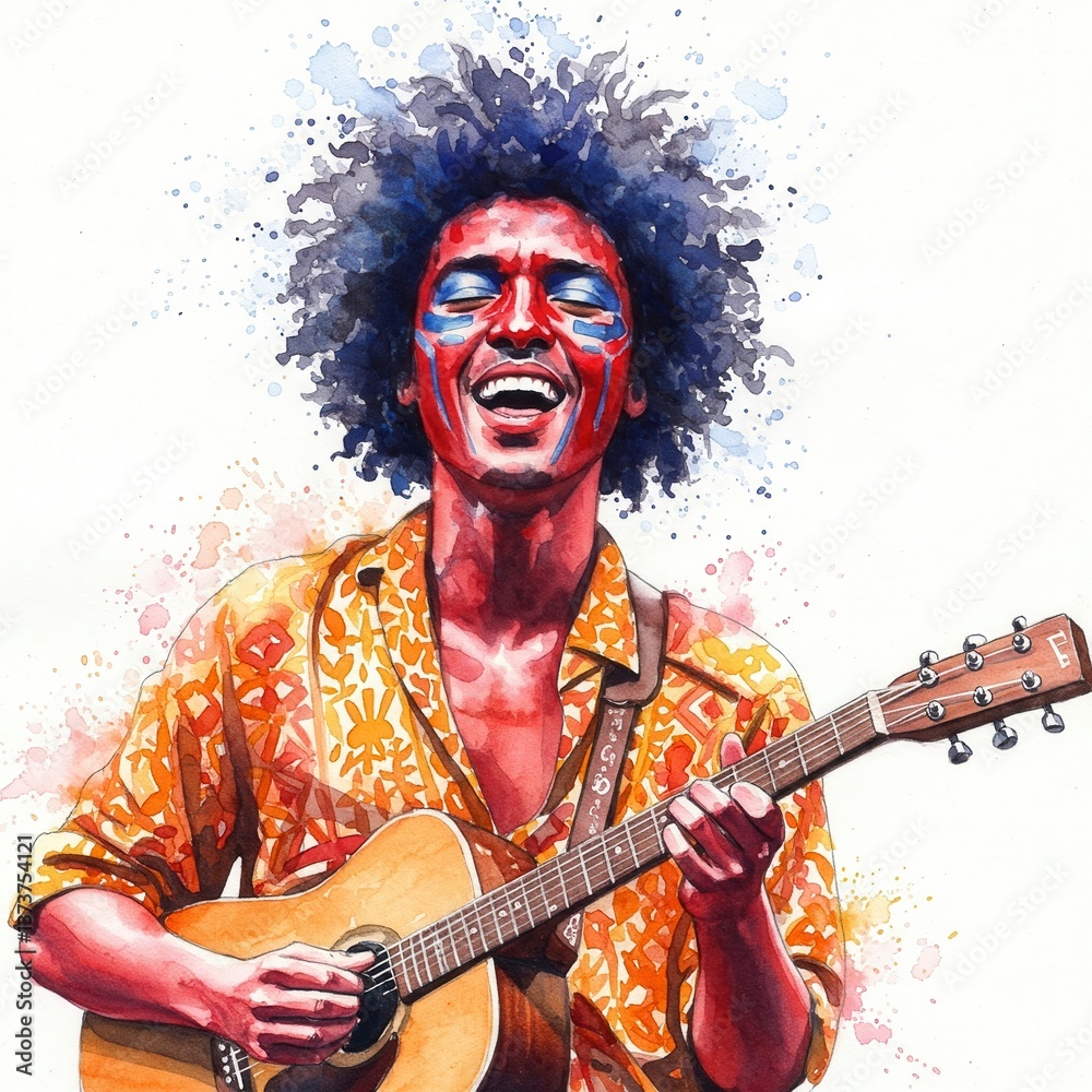 Obraz premium A vibrant and expressive portrait of a man singing or performing with a guitar.
