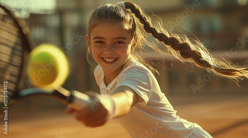 Smiling girl playing tennis and hitting ball with racket on a sunny clay court