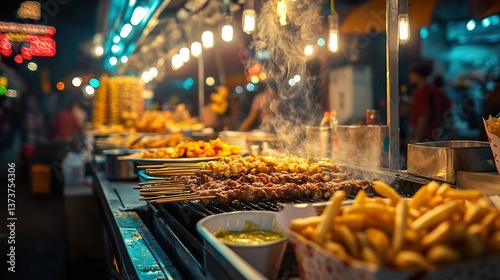 Street food stall offering sizzling satay and french fries at night