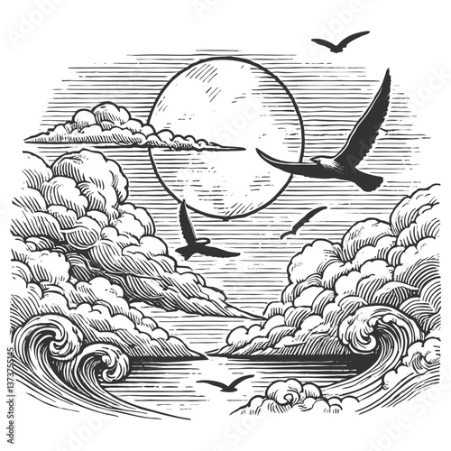 birds soaring above sea waves with dramatic clouds and rising sun in a tranquil coastal scene sketch engraving generative ai vector illustration. Scratch board imitation. Black and white image.