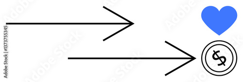 Two arrows lead to a blue heart and a dollar coin, symbolizing direction toward emotional fulfillment and financial growth. Ideal for goals, choices, values, balance, priorities, decision-making