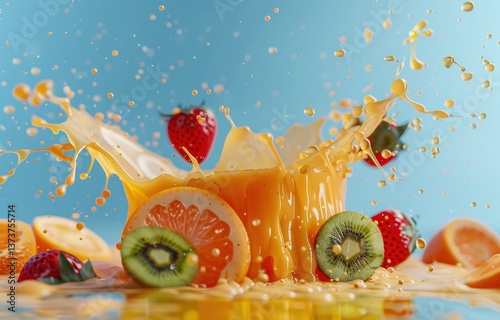 Vibrant citrus splash! Orange juice, kiwi, strawberry, and orange slices burst against a clear blue sky. Refreshing and bright