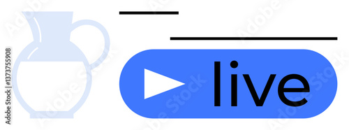 Blue play button labeled live next to abstract glass pitcher graphic and thin black lines. Ideal for communication, streaming, events, broadcasting, teaching, media, digital interface. Flat simple