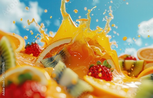 Bursting orange juice creates a vibrant splash against a blue sky. Fresh fruit—kiwi, strawberries, oranges—adds a pop of color photo