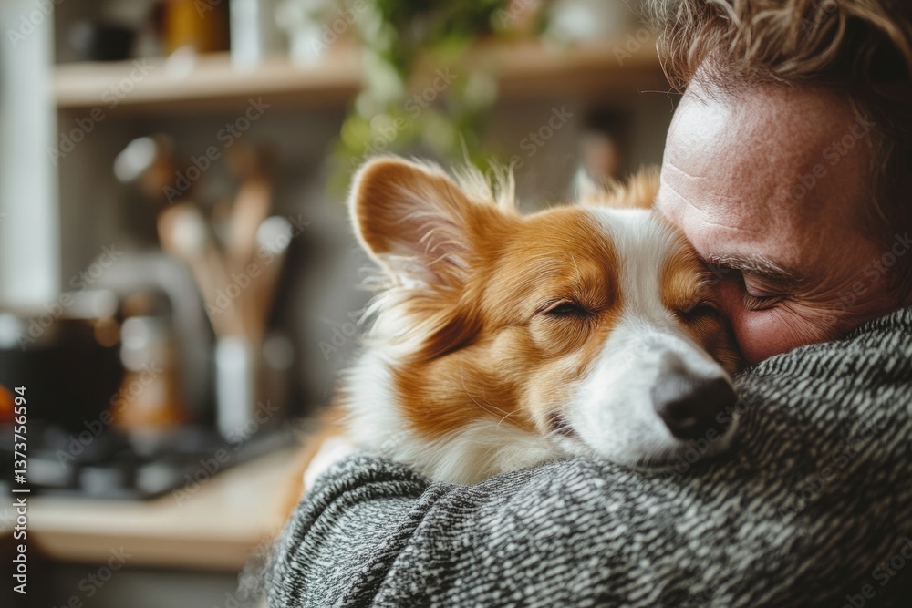 Fototapeta premium Man embracing his lovely dog at home