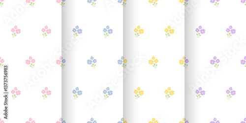 Floral seamless pattern set. Spring backgrounds with abstract tiny flowers. Simple patterns with wild flowers in liberty style. Children's wallpapers, print, design of wrapping paper, covers, surfaces