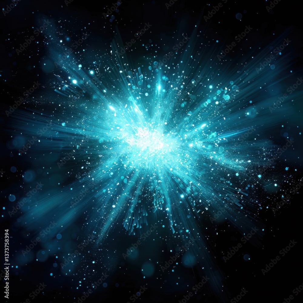 Fototapeta premium Bright Blue Explosion of Light Particles on Black Background