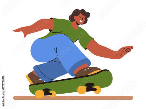 A vivid illustration of a smiling young man on a skateboard shows an active lifestyle, sports and extreme skating. Vector graphics. Go Skateboarding Day