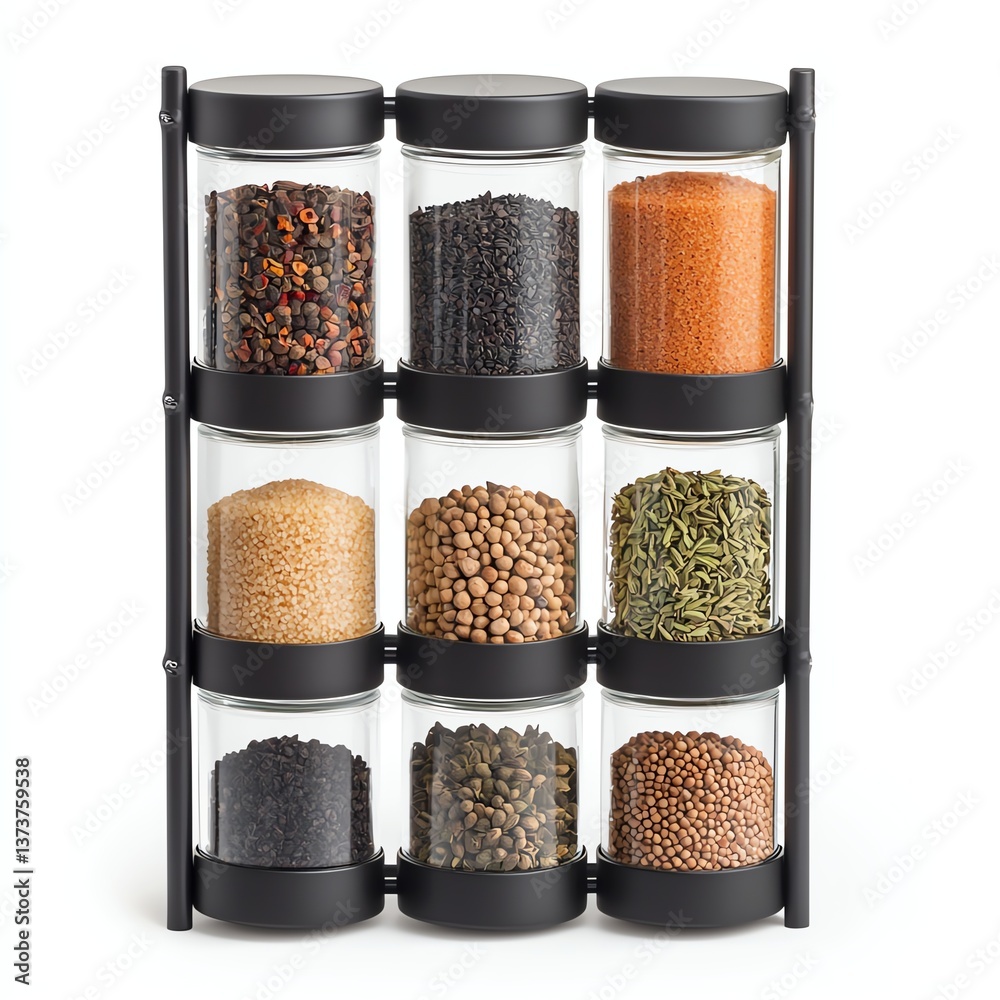 Stylish spice rack with assorted spices in glass containers, perfect for organizing your kitchen. Stylish spice rack with assorted spices in glass containers, perfect for organizing your kitchen.
