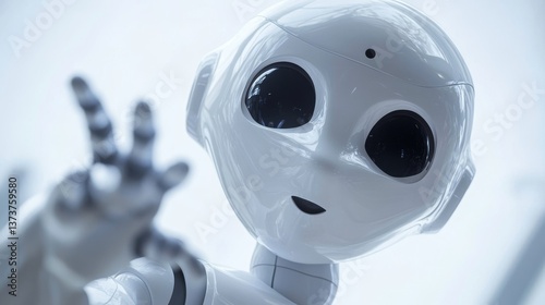 Dramatic close-up of a humanoid robot with large black eyes and glossy white surface, reaching forward, ideal for futuristic, tech, or AI-related themes.. AI Generation