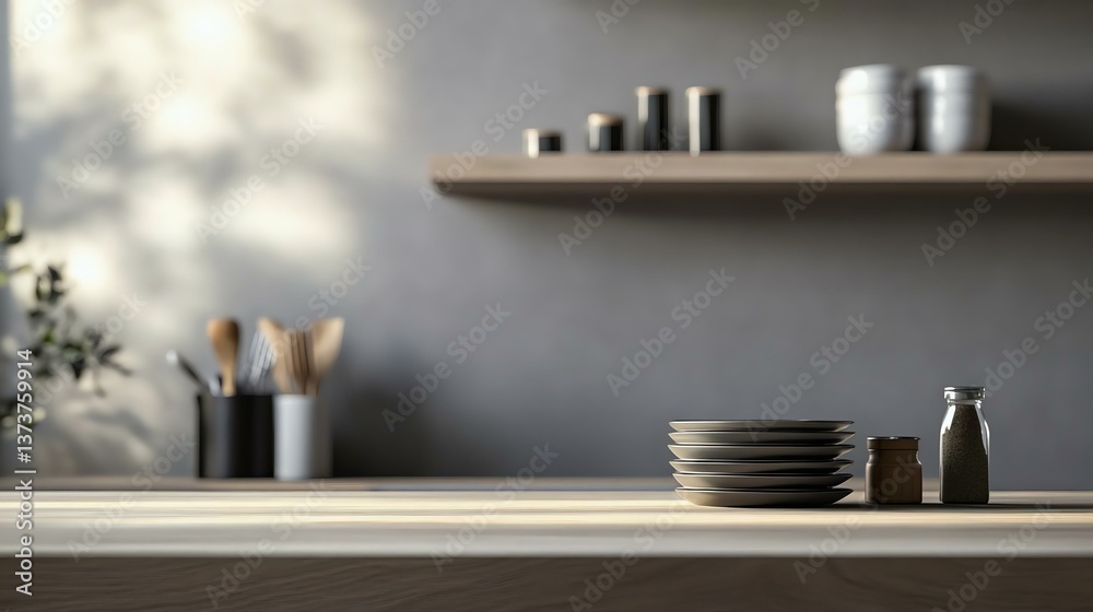 Stylish kitchen countertop with stacked plates, spices, and wooden utensils. Modern decor featuring minimalist design and natural light. Stylish kitchen countertop with stacked plates, spices, and wooden utensils. Modern decor featuring minimalist design and natural light.