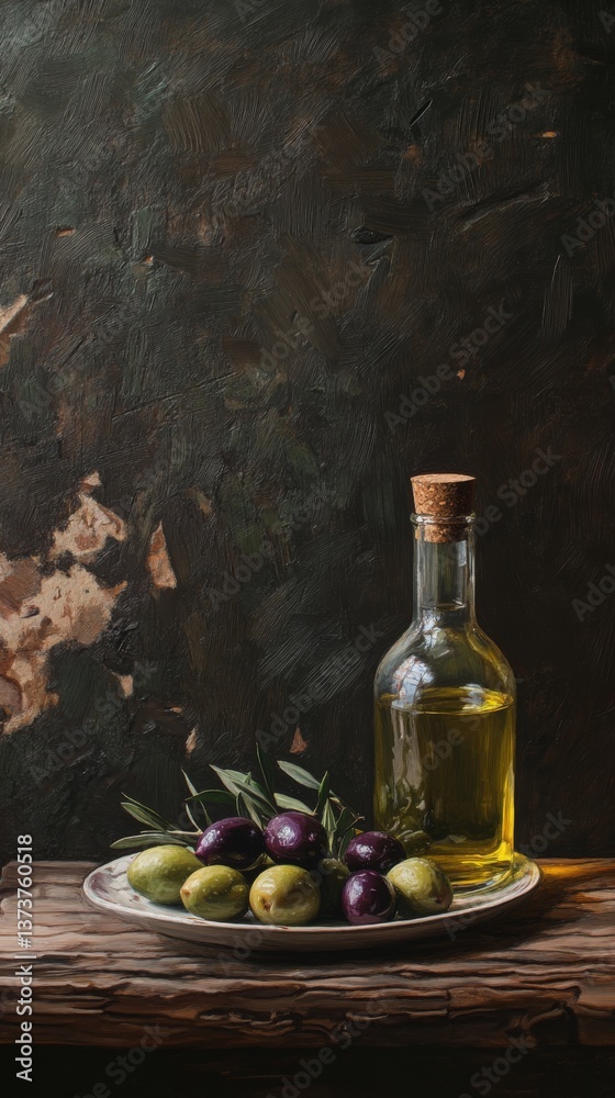 Rustic still life featuring green and black olives arranged on a plate with a corked olive oil bottle. A moody, textured backdrop adds depth and vintage appeal.. AI Generation Rustic still life featuring green and black olives arranged on a plate with a corked olive oil bottle. A moody, textured backdrop adds depth and vintage appeal.. AI Generation