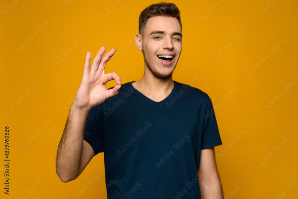 Young handsome thin guy shows gesture ok Young handsome thin guy shows gesture ok