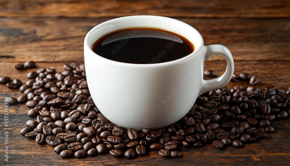 Steaming Mug of Fresh Brewed Coffee Surrounded by Aromatic Roasted Coffee Beans on Wooden Table Steaming Mug of Fresh Brewed Coffee Surrounded by Aromatic Roasted Coffee Beans on Wooden Table