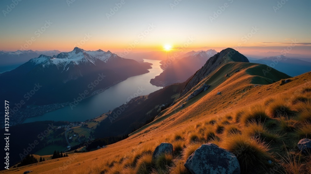 custom made wallpaper toronto digitalA detailed, high-quality photo of Mount Rigi in Switzerland, Europe at dawn with sunny conditions, shot from an ordinary perspective, showing the mountain bathed in warm sunlight.