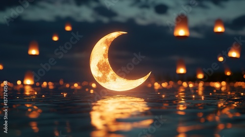 Enchanting crescent moon over reflective water illuminated by floating lanterns