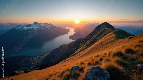 Wallpaper Mural A detailed, high-quality photo of Mount Rigi in Switzerland, Europe at dawn with sunny conditions, shot from an ordinary perspective, showing the mountain bathed in warm sunlight. Torontodigital.ca