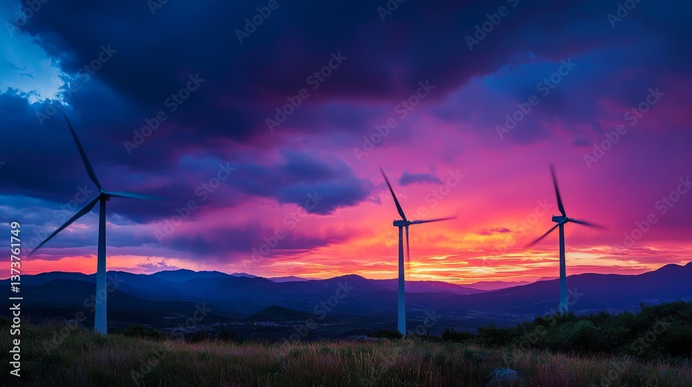 Obraz premium A striking landscape of a mountain valley during sunset, with wind turbines standing tall as symbols of renewable energy and a sustainable future.. AI Generation