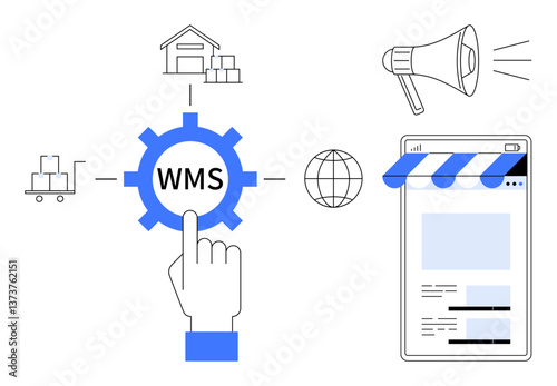 Hand touching gear labeled WMS, linked to warehouse, delivery truck, globe, megaphone, and webpage. Ideal for logistics, e-commerce, supply chain technology automation marketing business