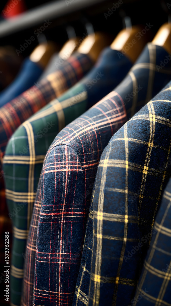 Diverse collection of plaid jackets displayed on hangers in a clothing boutique Diverse collection of plaid jackets displayed on hangers in a clothing boutique