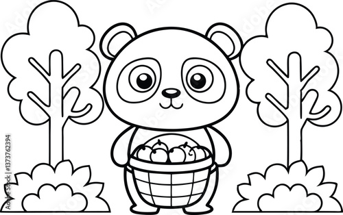 Outline Panda Holding Apple Basket with Trees in a White Background Drawing