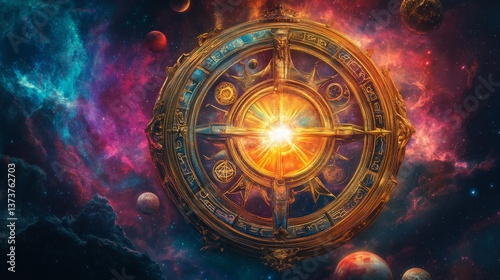 Wallpaper Mural A stunning golden zodiac compass illuminated by a glowing center, surrounded by a vivid galactic background. Captures the essence of cosmic guidance and celestial navigation.. AI Generation Torontodigital.ca