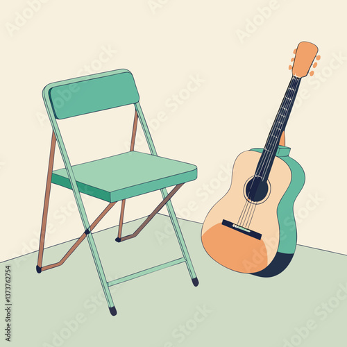 Minimalist Wooden Folding Chair with Mint Green Upholstery and Acoustic Guitar – Retro Aesthetic, Studio Photography.