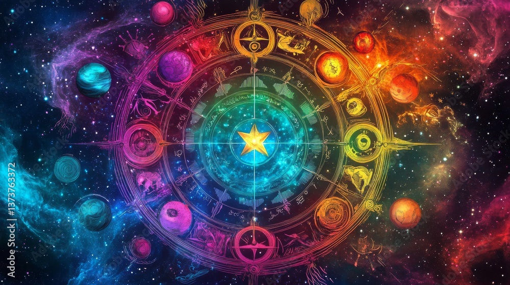 Obraz premium Colorful zodiac wheel featuring intricate astrological symbols set against a cosmic background. A radiant central star adds depth and mysticism, perfect for horoscope or spirituality themes.. AI