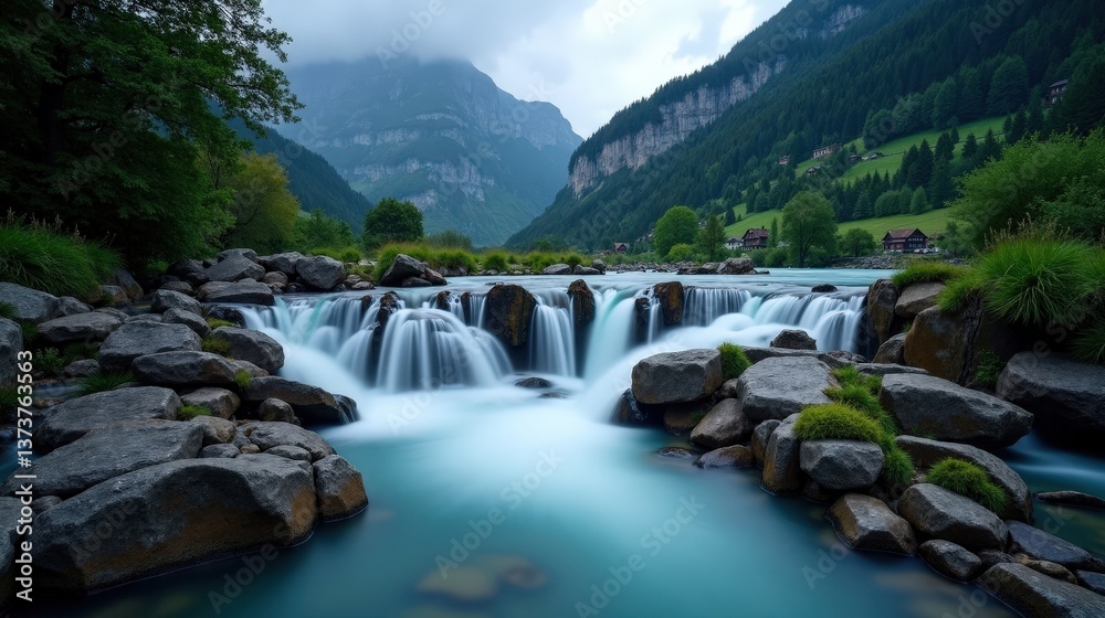 Fototapeta premium A high-quality photo of Reichenbach Falls in Switzerland, Europe, during dusk with rainy weather, taken from a normal perspective. The wet, misty falls create a dramatic