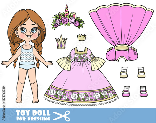 Cartoon long hair braided girl and clothes separately -  embroidered pink Princess ball gown with crown