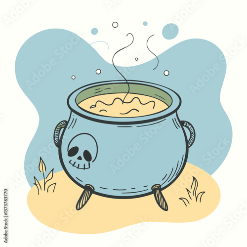 Vector illustration in doodle style of a cauldron with a skull and a potion being brewed