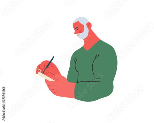 Writing people, modern flat vector concept illustration- standing man thoughtfully writing on notebook. Metaphor for reflection, personal insight, contemplation, creative expression