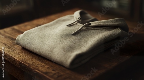 Neatly Folded Hoodie on Wooden Surface Displaying Minimalist Apparel