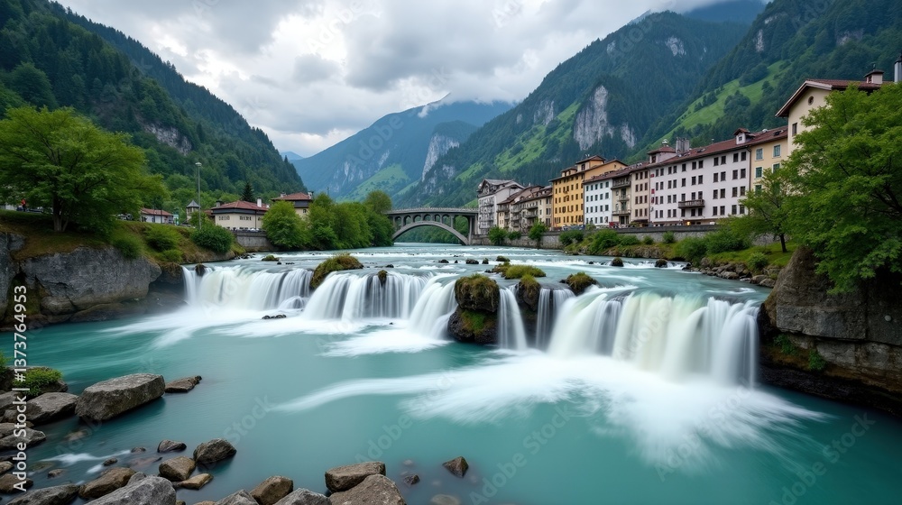 Fototapeta premium A breathtaking view of Rhine Falls in Switzerland during cloudy midday, captured from an ordinary perspective with lush green surroundings and mist rising from the falls.