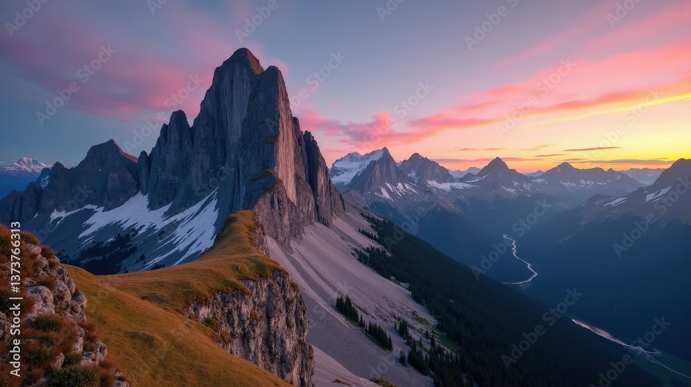 Obraz premium A professional photo of Muottas Muragl in Switzerland at dusk, sunny weather, captured from an ordinary perspective, emphasizing the vivid landscape.