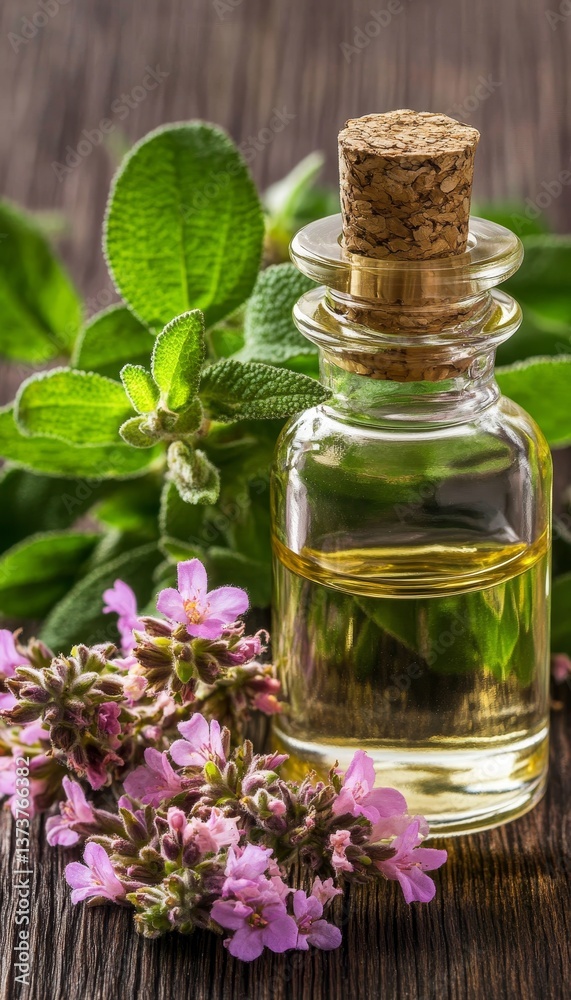 Clary Sage Essential Oil, with Fresh and Dried Purple Flowers, on a Rustic Wooden Table. Clary Sage Essential Oil, with Fresh and Dried Purple Flowers, on a Rustic Wooden Table.