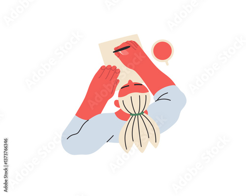 Writing people, modern flat vector concept illustration- sitting woman thoughtfully writing on paper, top view. Metaphor for reflection, insight, contemplation, creative expression