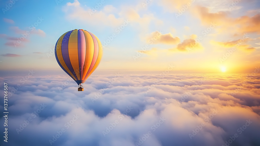 Obraz premium Colorful hot air balloon floating high in the blue sky with clouds, representing adventure and travel