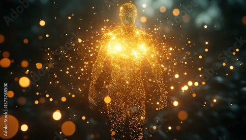 Obraz na płótnie Golden Energy Flow. Body Energy, Aura, Biofield, And Human Design Concept. Shining Particles Effect. w salonie