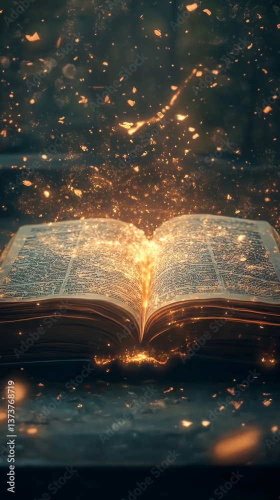 Fototapeta premium An open book emits golden sparks and glowing embers, creating a magical ambiance. The dark, mystical background accentuates the illuminated text, ideal for fantasy, knowledge, or magic-themed concepts