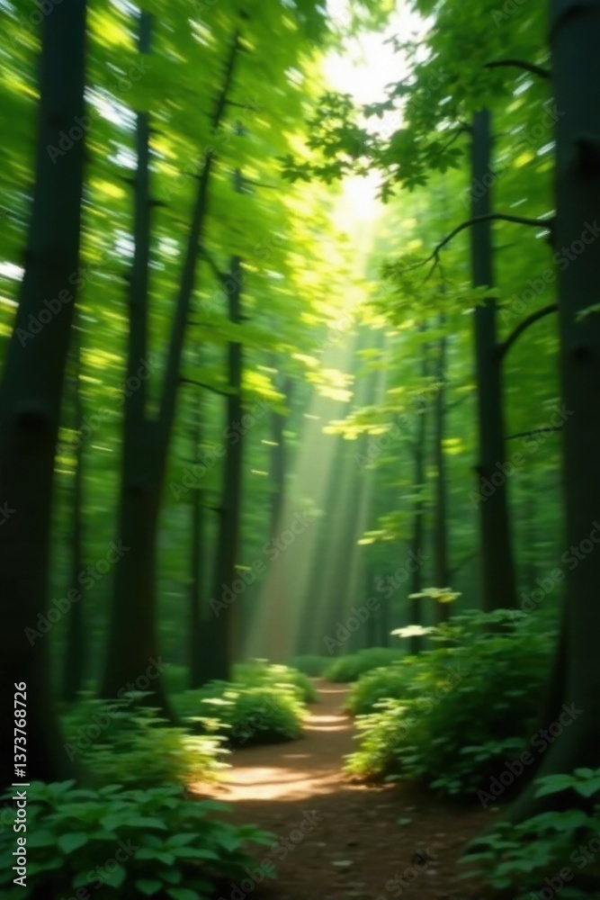 Obraz premium Sunbeams Illuminate a Serene Forest Path, Motion Blur Effect Creates a Dreamlike Atmosphere
