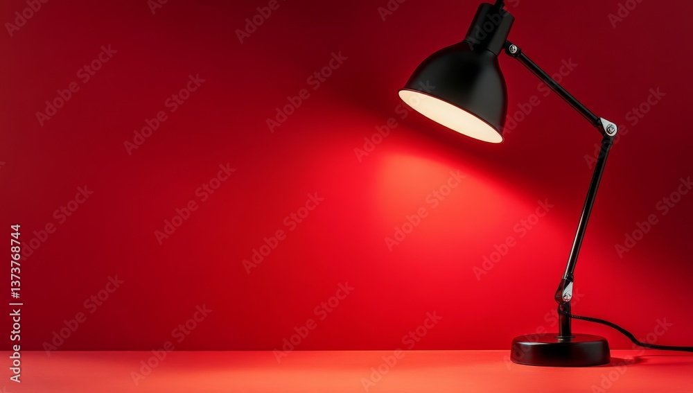 Black desk lamp on a red background with copy space, close-up. Black desk lamp on a red background with copy space, close-up.