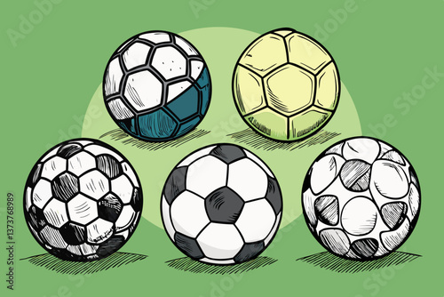 Hand-Drawn Soccer Balls for Grass Set – Sketch Collection, Vintage Sports Illustration.