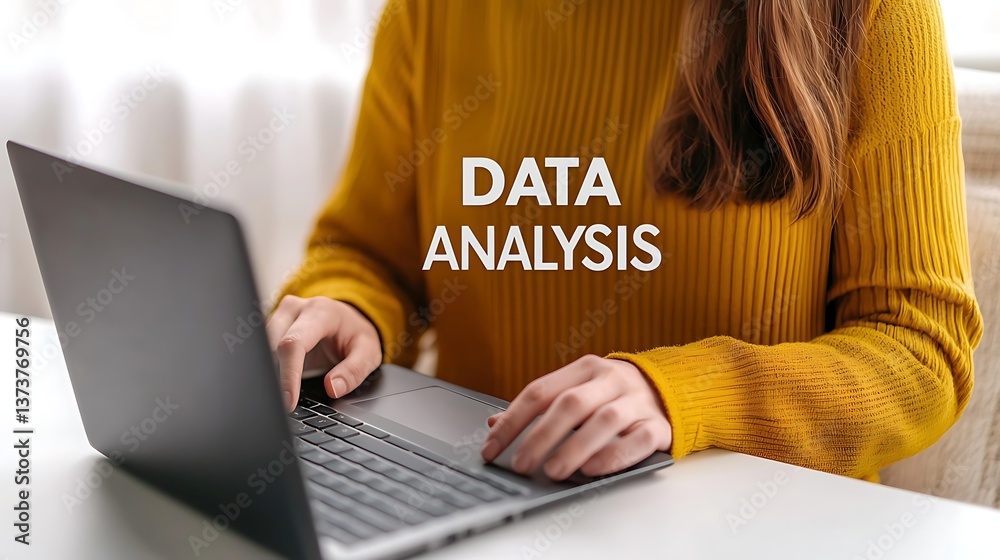 Fototapeta premium A person in a yellow sweater is typing on a laptop, focusing on data analysis in a bright, cozy workspace.