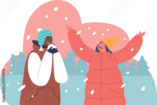 Happy children rejoicing snowfall outdoors