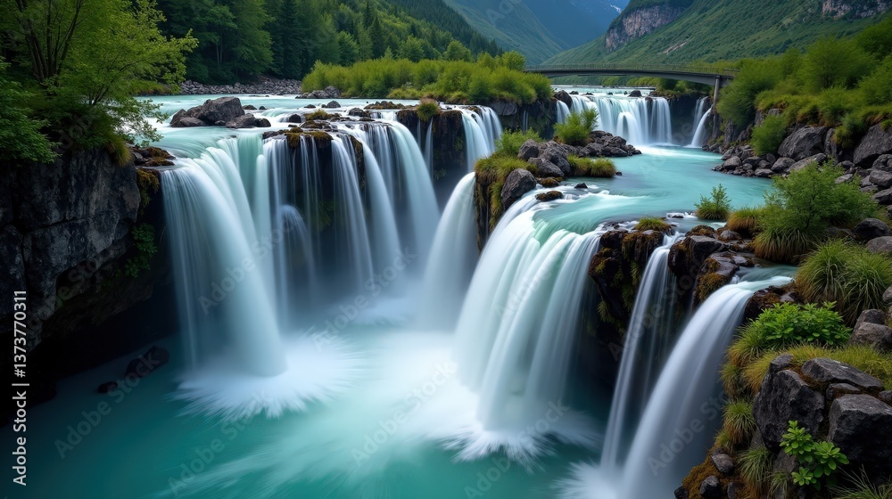 Naklejka premium A detailed photo of Reichenbach Falls in Switzerland at night, sunny weather, shot from above, capturing the bright reflection of the moon on the cascading water.