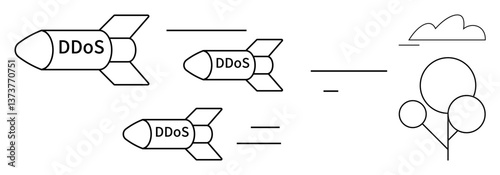DDoS attack missiles flying toward a target represented by balloons and a cloud. Ideal for cybersecurity, threat, data protection, technology risk, network security, cybercrime, flat simple metaphor