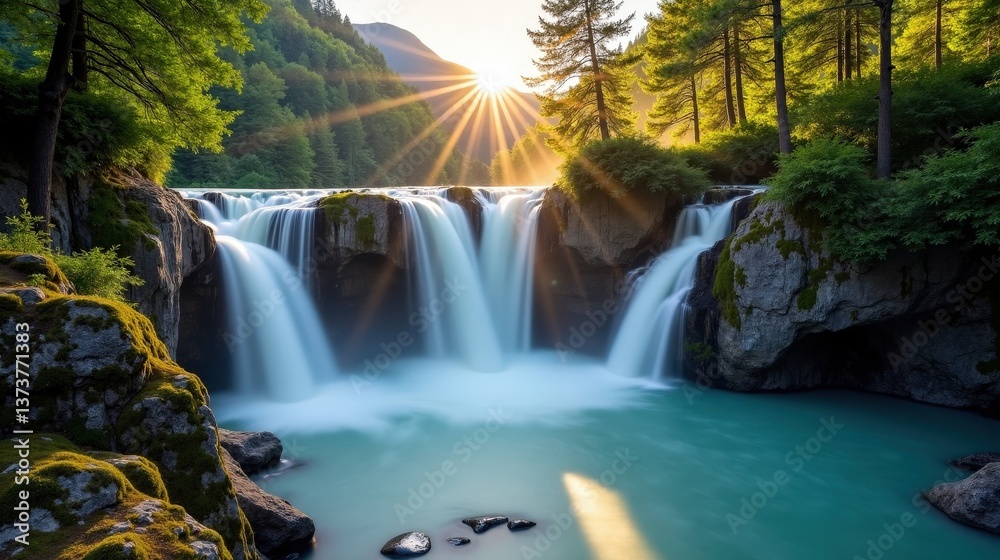 Obraz premium A high-quality photo of Reichenbach Falls in Switzerland, Europe, during sunset with clear skies. The vibrant light creates a warm