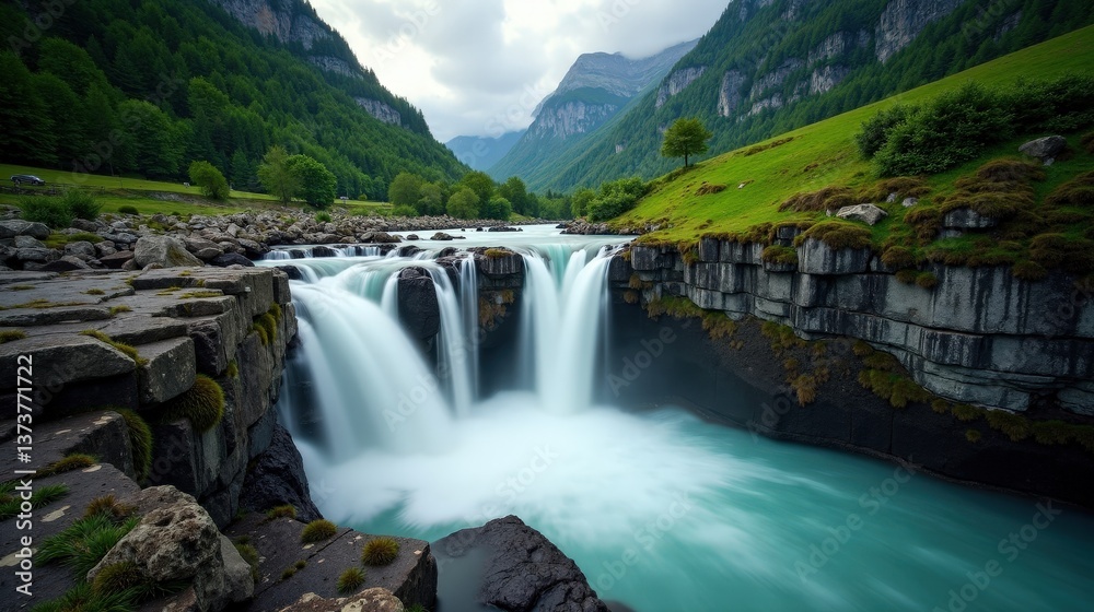 Fototapeta premium A high-quality photo of Reichenbach Falls in Switzerland at dawn, rainy conditions, taken from an ordinary perspective with rain enhancing the natural beauty of the waterfall.